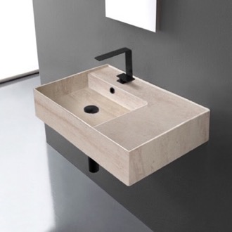 Bathroom Sink Beige Travertine Design Ceramic Wall Mounted or Vessel Sink With Counter Space Scarabeo 5114-E